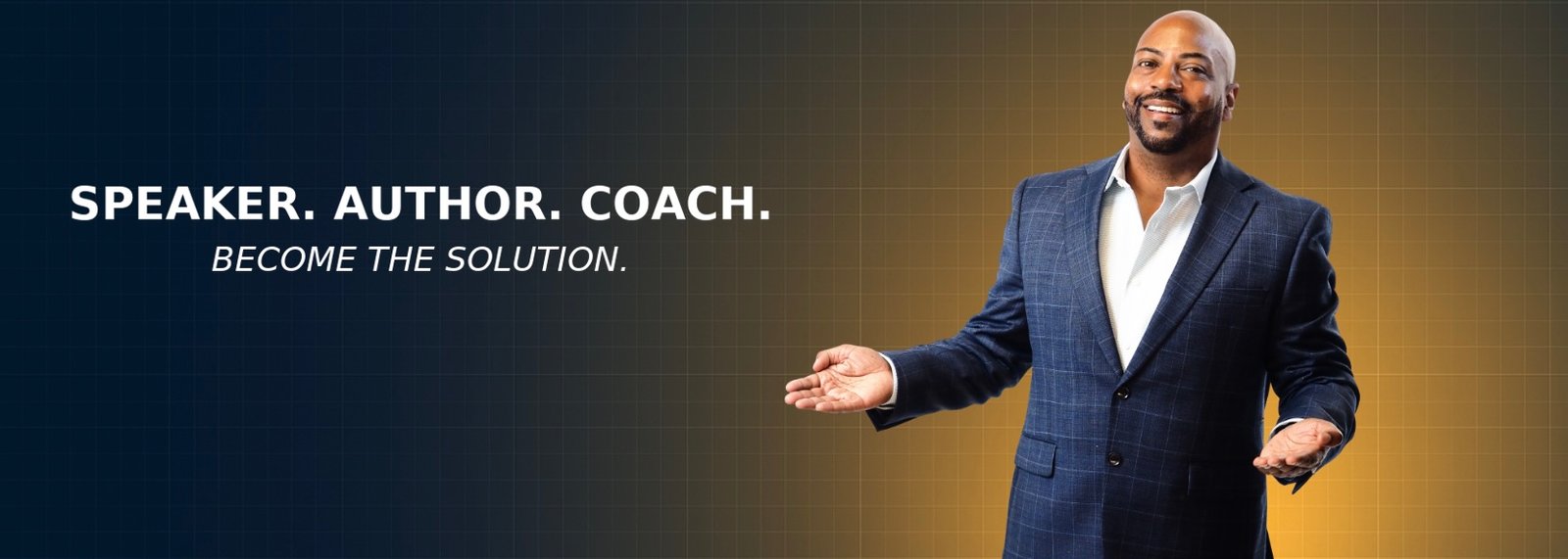 Professional Keynote Speaker Charles Starr smiling confidently with open hands in a navy blue suit